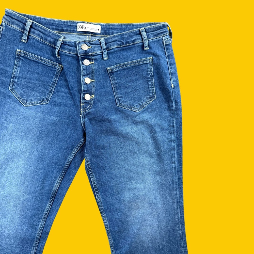 Zara Jeans Women 14 Blue Button Fly Raw Hem‎ Patch Chore Casual Denim Barn